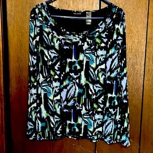 Axcess XL long sleeve black blouse with blues and green designs.